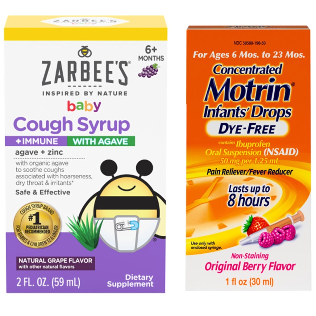 Motrin和Zarbee的婴儿基本药物 婴儿集中液态药物 与Ibuprofen和Zarbee的婴儿咳嗽 + Syrup + Immune 与有机Agave + 锌
