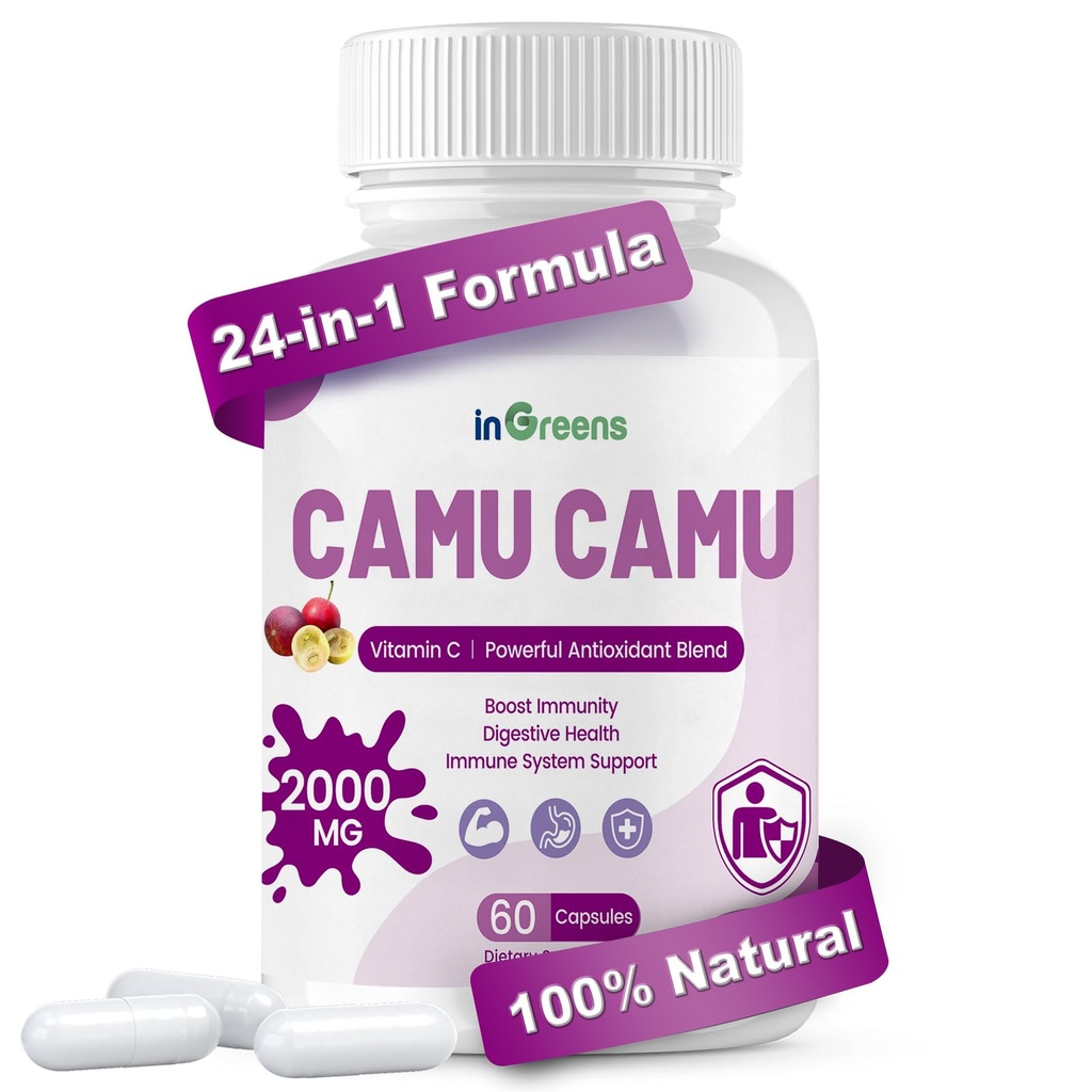 有机Camu Camu Capsules 2000mg 高天然维生素C、强抗氧化剂混合剂 | 60 Capsules、N-GMO、Gluten-Free、Immune支持和皮肤健康