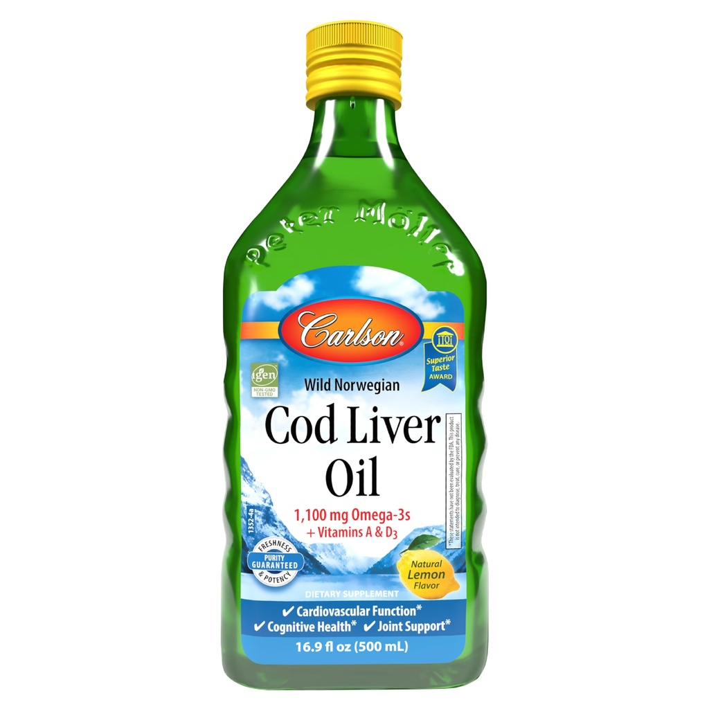 Carlson - Cod Liver Oil 1100 mg Omega-3s Plus 维生素A & D3, Wild Caught 挪威北极,可持续来源北欧鱼类油液,柠檬,500毫升(16.9 Fl Oz)