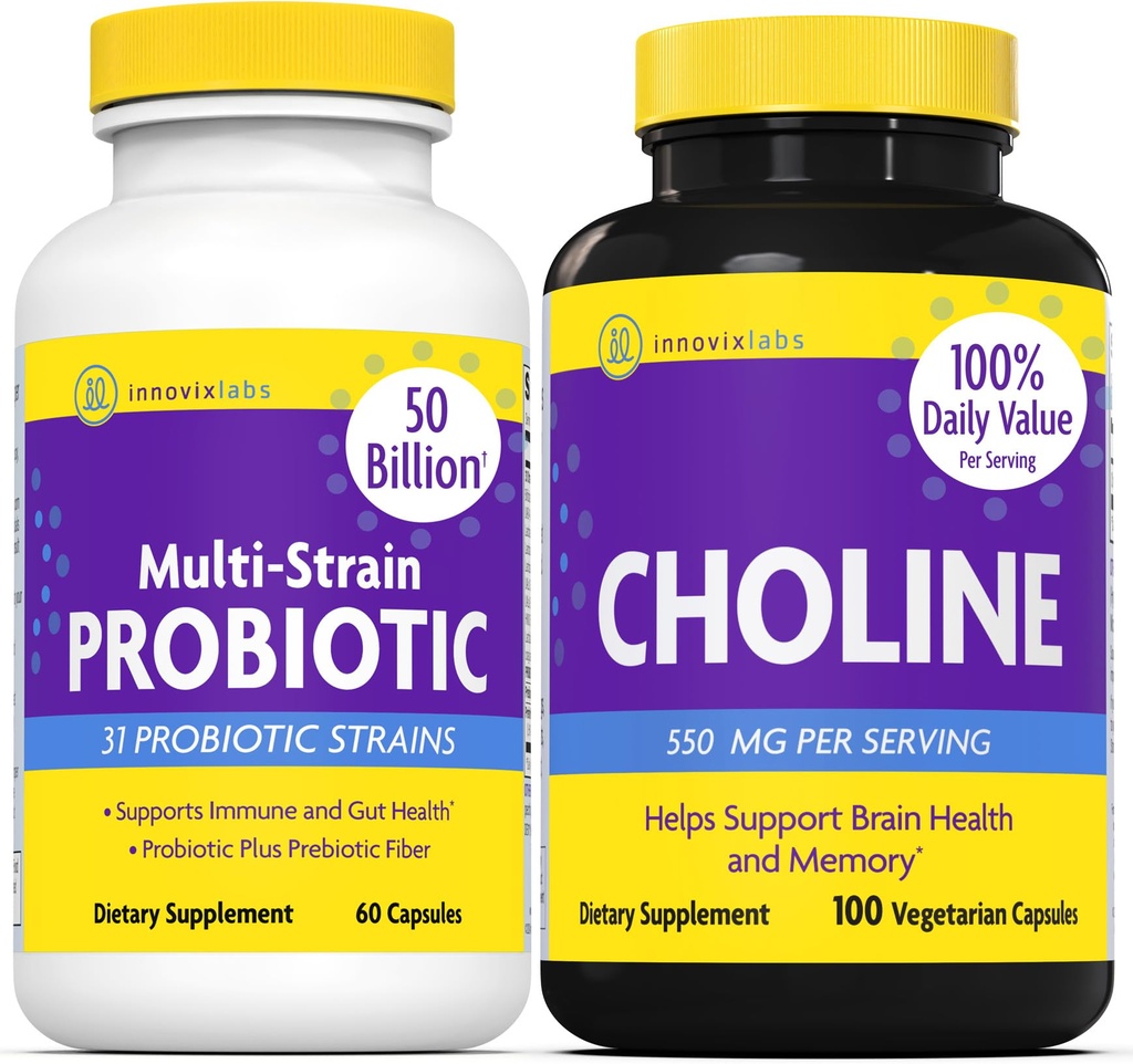 InnovixLabs Choline & 多Probiotic Bundle Choline Bitartrate 550mg (100 Capsules) 多草原Probiotics (60 Capsules). 支持记忆,摩德,脑健康与增强认知. *