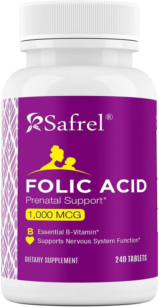 Safrel Folic Acid 1000 mcg(1mg) - 维生素B9-240 片剂,胎儿发育必需的产前和产后维生素,红血细胞生产,细胞和神经发育 QQ 非GMO, Vegan