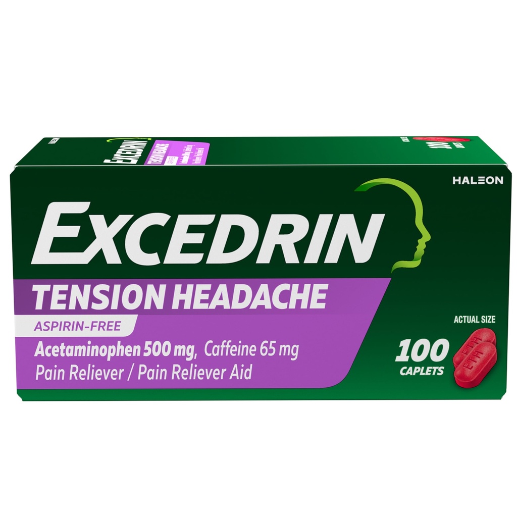 Excedrin 紧张头痛救济卡片, Acetaminophen 500mg, Cafeine 65mg, Pain Reliever, Aspirin-Free, 100 Count