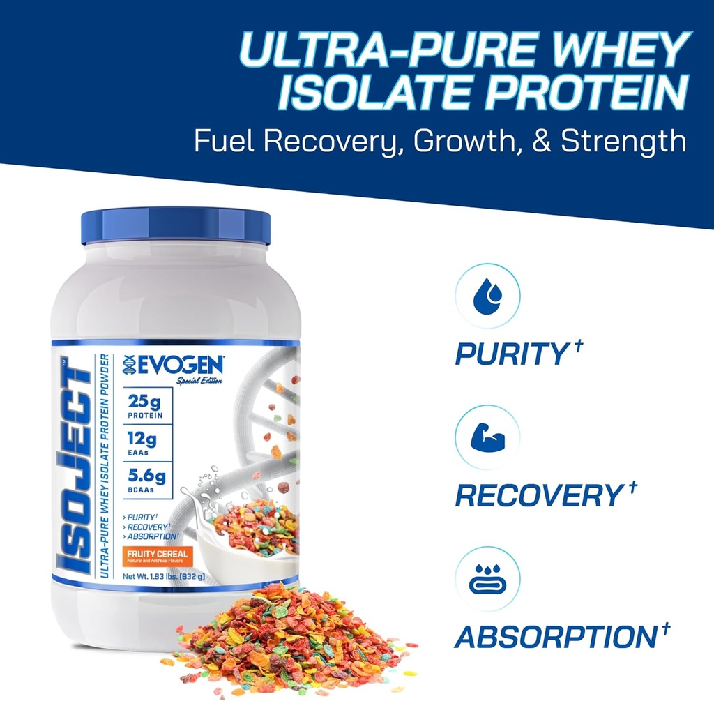 Evogen Isoject - Whey蛋白蛋白溶液 → Ultra-Pure Whey蛋白粉与Ignitor Enzyms, BCAAs, 和EAAs → 增强吸收和回收 → 水果 → 26 服务