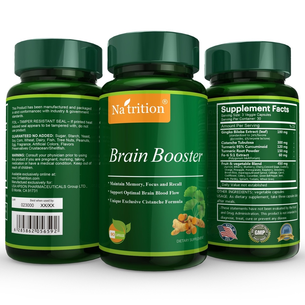 营养性脑促进剂 - Ginkgo Biloba, Turmeric, Cistanche Tubulosa, Fo-ti 提取混合物 - 大脑功能的天然抗氧化剂支持 - 清晰,聚焦和记忆增强 - 90 Veggie Capsules