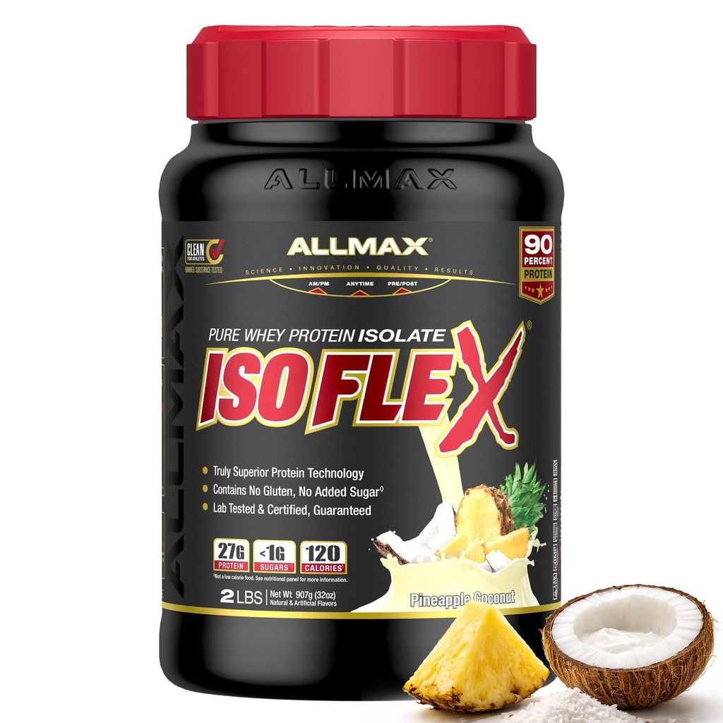 ALLMAX ISOFLEX Pure Whey Isolate Protein Powder - Gluten Free, Low Lactose, Sugar-Free - High-Protein, Clean, Keto-Friendly, Pre Post Workout Supplement for Women and Men | Pineapple Coconut, 2lb