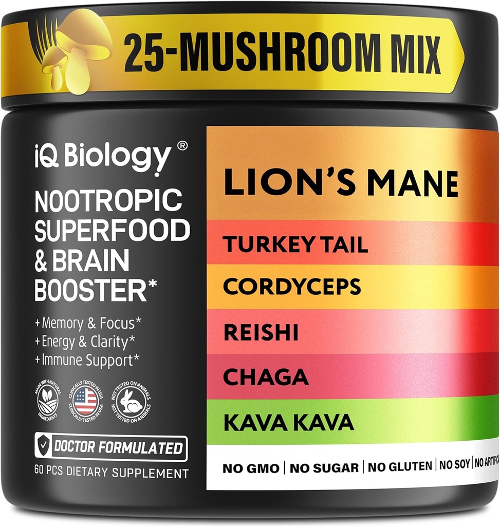 Kava Kava Root Cordyceps 狮子 Mane Reishi 蘑菇补充品,新热带蘑菇 Capsules Kava Kava Kava 提取品,蘑菇 女性维生素 Ashwagandha, 镁 - 60 Caps (1 Pack)