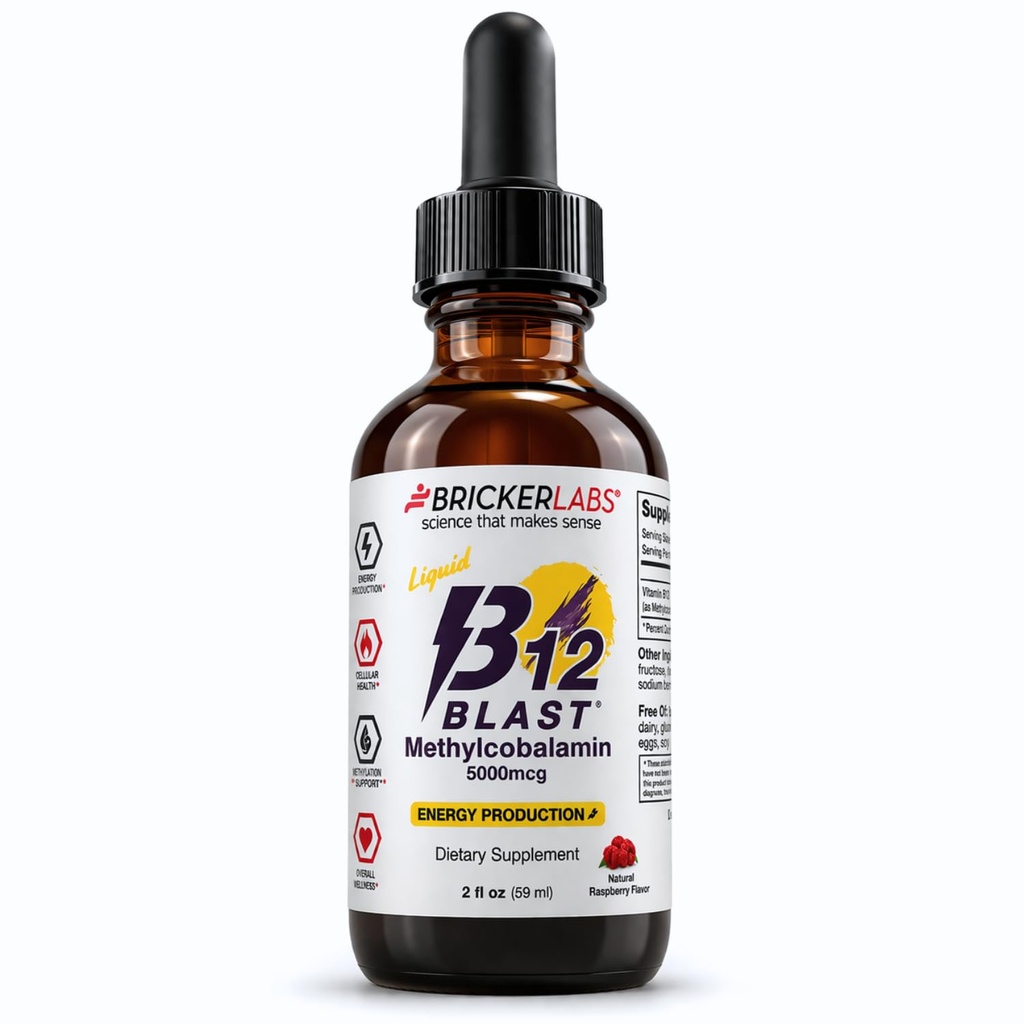 Bricker Labs B12 Blast Methiccobalamin 5000mcg, 极品次语言液体能量维生素 - Vegan B12 维生素, 可持续能源和细胞健康补充剂 - 59日服务