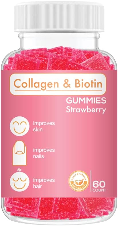 Collagen Biotin Gummys - 支持毛发,皮肤和钉状毛发生长抗衰老护理 美味的Gummy Vitamins, Vegan, Non-GMO, Gluten Free, Gelatin草莓 Flawvor 60 Count, Pink