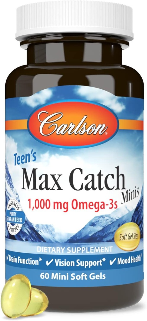 Carlson - Ten's Max Catch minis,1000 mg Omega-3s,脑健康,视觉支持,Mood健康,60软胶