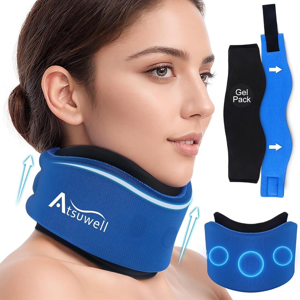 Atsuwell Neck Brace for Sleeping, Soft Cervical Collear for Support, 可调整 Neck 支持 与热冷胶囊重用办公压力, Fatigue, 蓝色