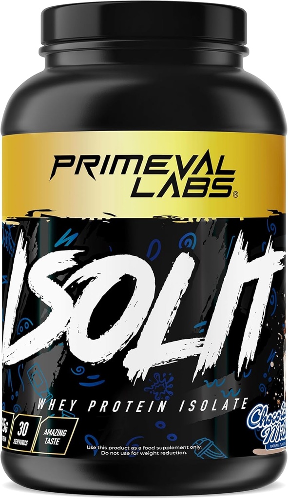 Primeval Labs ISOLIT - Whey蛋白粉,100%Whey Isolate,25g of 蛋白质,BCAAs,快速吸附,轻松消化(Chocolate Milk, 2lb)