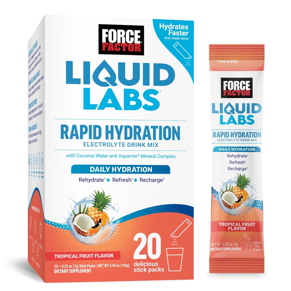 FORCE FACTOR 液态实验室 电解剂 粉末包-热带水果-热解包制成电解水,配有5个基本电解剂,维生素,矿物,以及抗氧化剂,20个棒状包