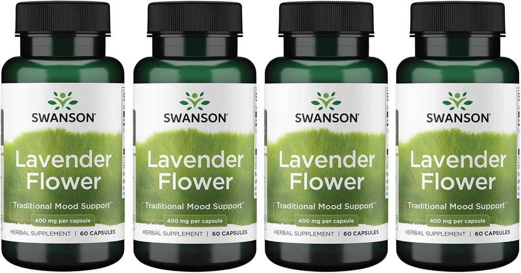 Swanson Lavender Flower - 草药补充剂 推广传统黏液支持 - 可能促进放松和稳定神经 - (60 Capsules,每瓶400毫克) 4 Pack
