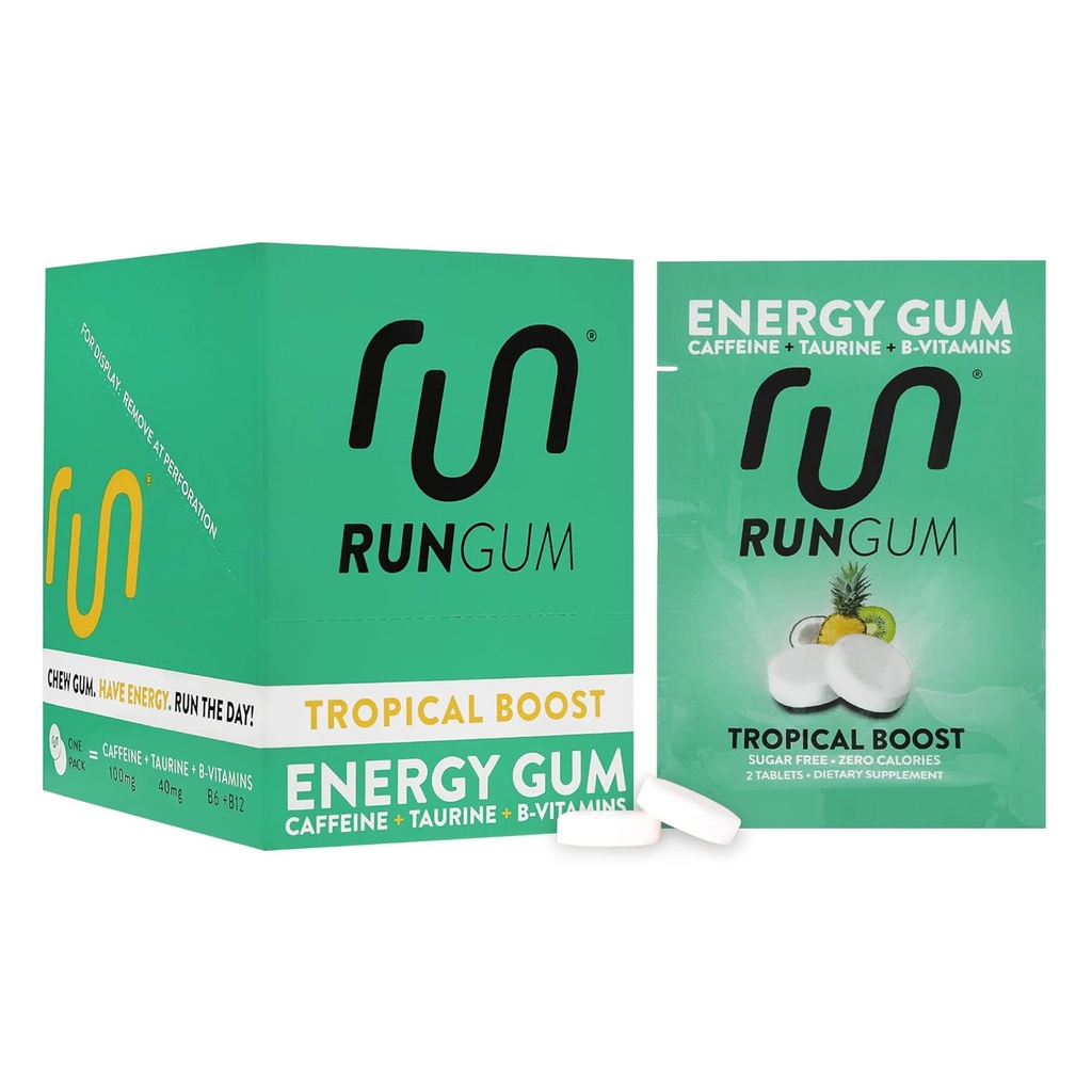 RUN GUM 热带靴状能源 咀嚼口香糖 50mg 咖啡因 陶林 和 B-维生素 Piecle, 24 pieces (pack of 12) 无糖,零卡路里,无阿斯巴达米, Gluten free, 1 ea