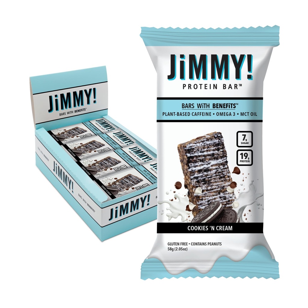 JiMMYBAR! - Cookies N Cream Protein Bars 19g Protein Bar - 7g Low Sugar - 12 Count - 58g Health Bars - Functional Snack with Real Food Ingredients - Hand-Drizzled Chocolate - Made With Real Peanuts