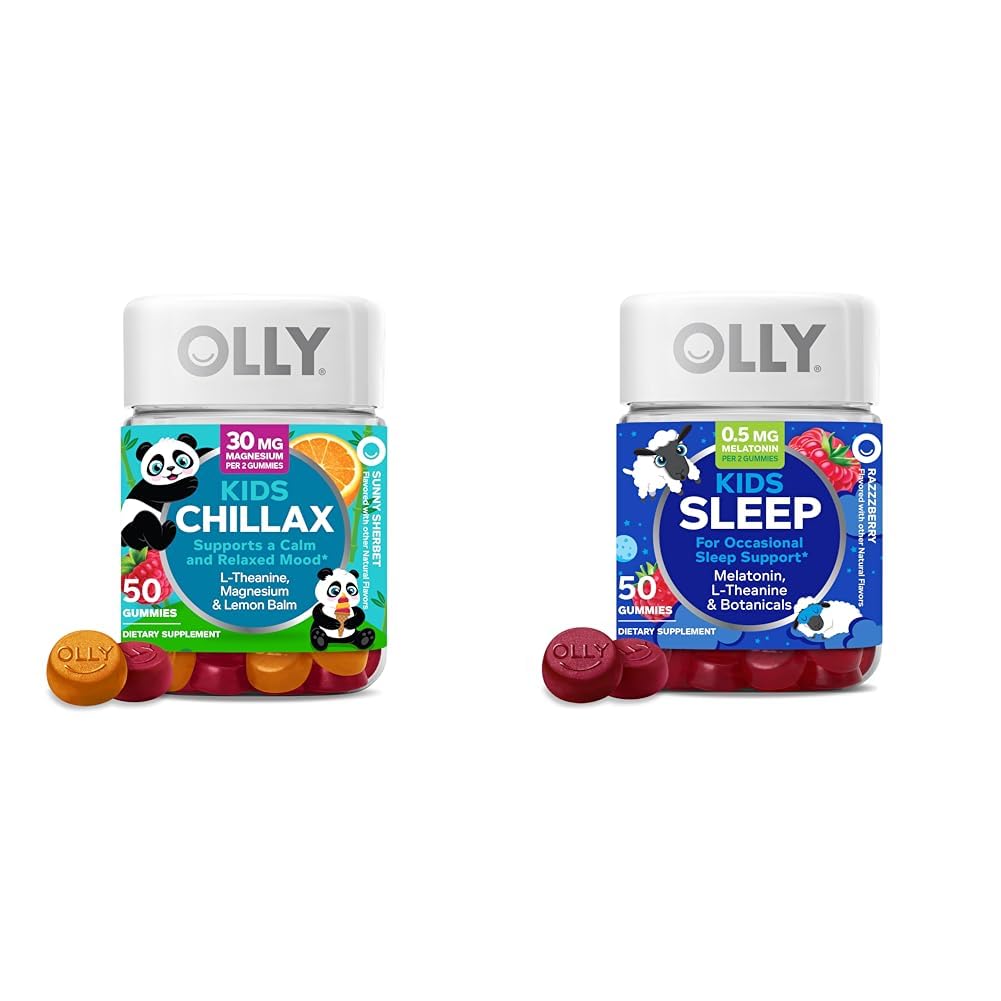 OLLY 孩子们 寒冷的Gummys L- Theanine Magnesium Lemon Balm 50 Count & Sleep Gummys 0.5mg Melatonin L Theanine Chamomile Lemon Balm 50 Count