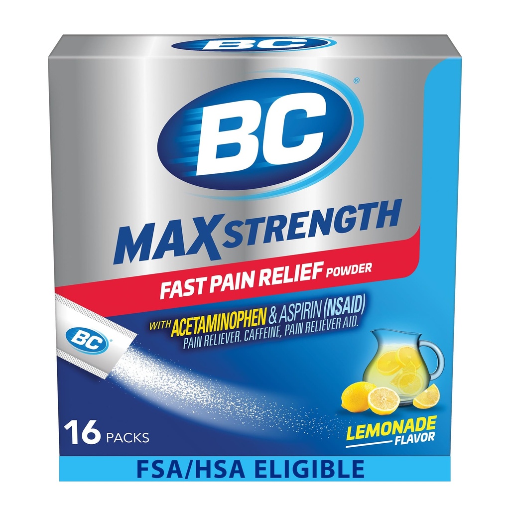 BC MAX 强力快速疼痛救济粉、柠檬汁Flavor Aspirin 500mg和乙酰氨基苯 500mg 溶解包,16个计数