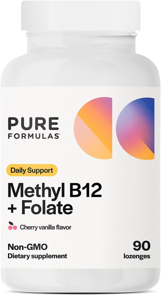 纯Formulas Methyl B12 + Folate 补充品,1000 mcg of Methylized B12 补充品,665 mcg of Folate, Cherry Vanilla Flavor, Methylized Vitamin B 12 - 非GMO, 90 Lozenges