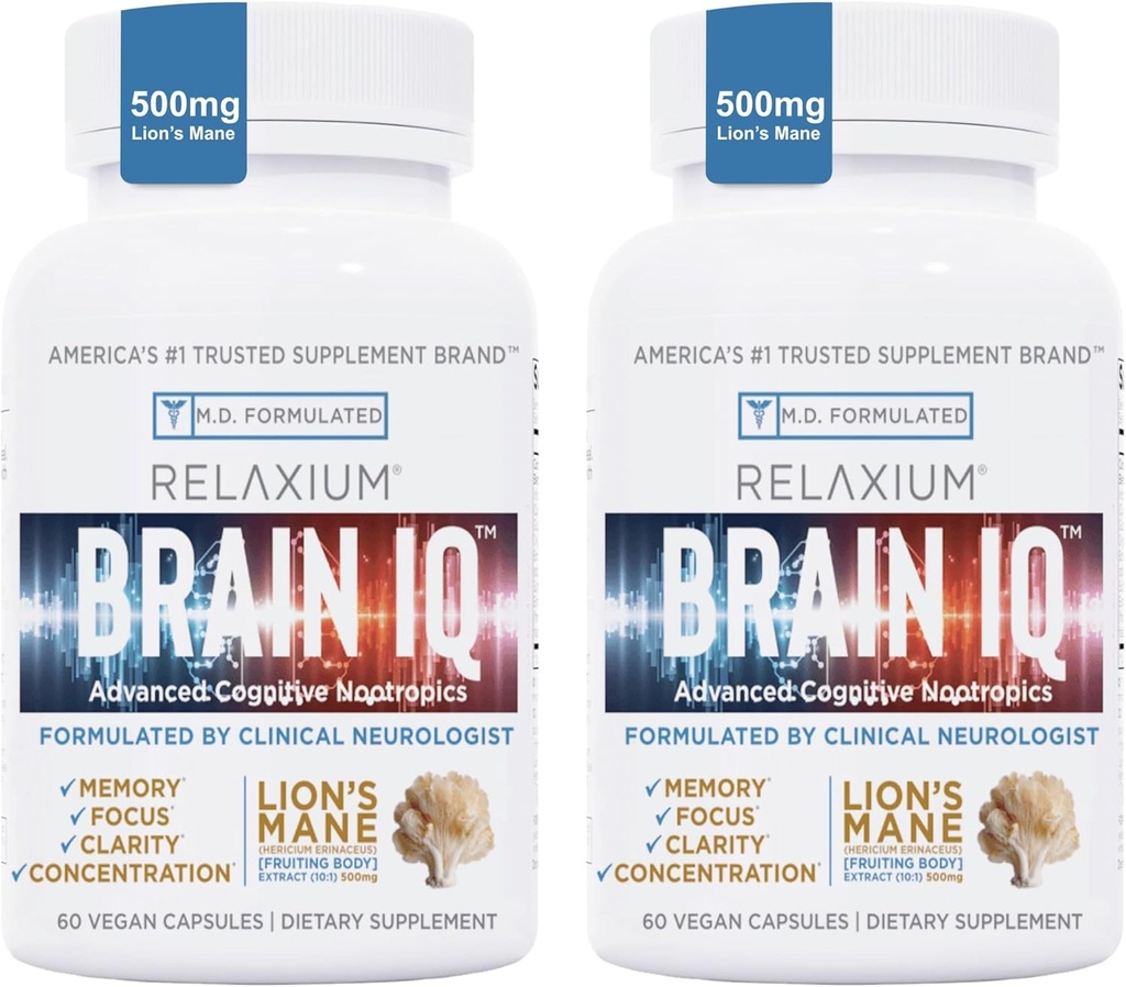 BrainIQ Nootropic Brain Remember and Focus 脑健康记忆补充 QQ 脑健康记忆补充 QQ 认知补充和记忆药丸 狮子的玛恩,L-Thronine & Coffee Except - 60 Counter (Pack of 2)