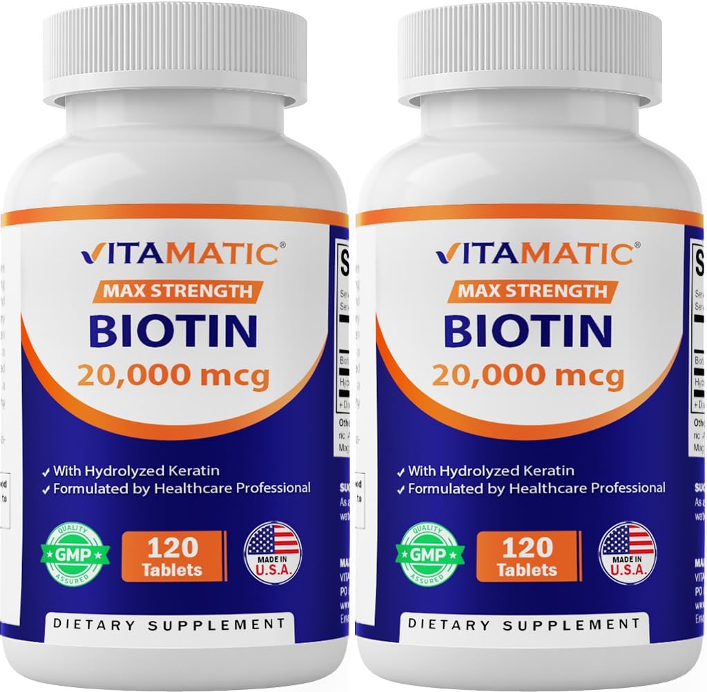 维生素高活性生物素 20000 mcg(20mg)与Keratin 100mg - 120 植物药片 - 成人健康毛皮和钉子的生物素补充物(120 个数(包2))
