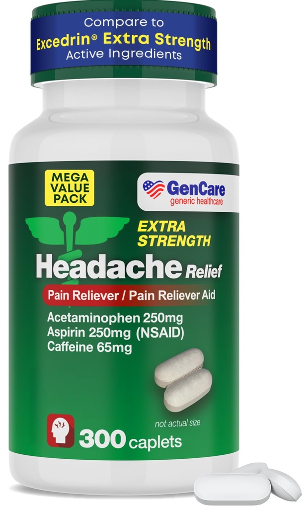 GenCare - Headche Relief Acetaminophen with Aspirin (NSAID) & Cafeine (300 caplets) 价值包 QQ头痛,肌肉痛,背痛和身体 QX通用外加强度