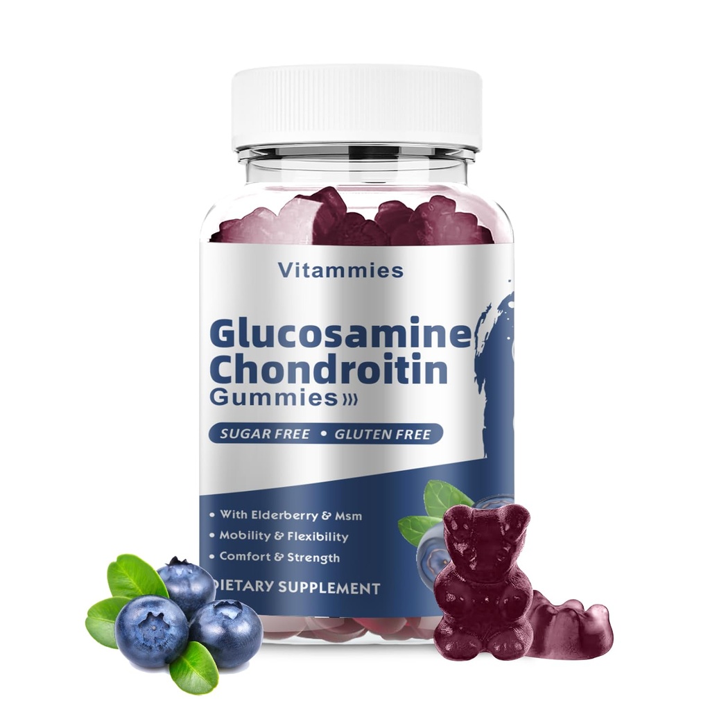 Glucosamine Chondroitin Gummys配有MSM & Elderberry Extra 力 - 联合支持,成人抗氧化剂免疫支持补充,男女矿物,共酶Q10, DHA - 60 蓝莓 Gummys