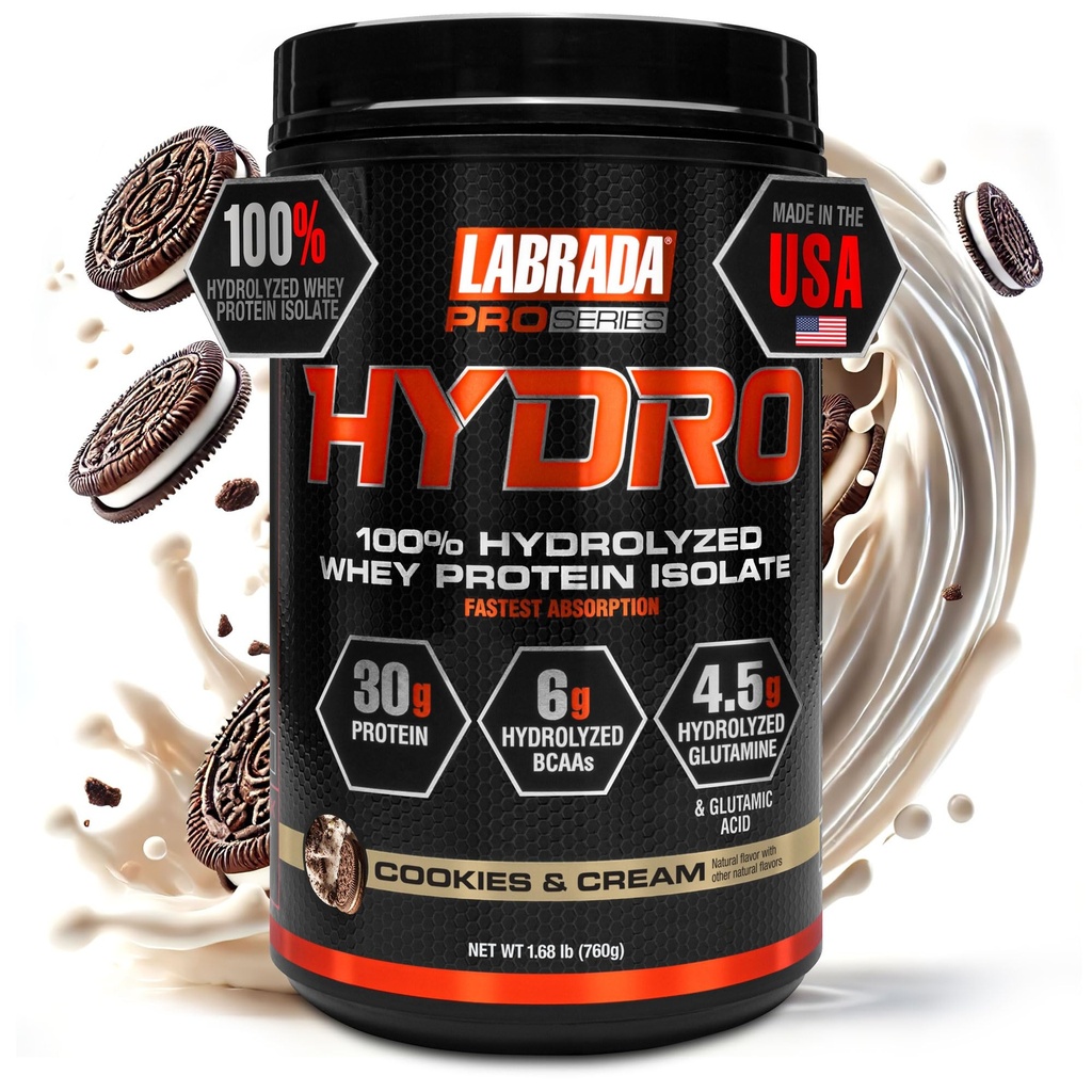 Labrada Hydro 100%纯水解 Whei蛋白孤立粉,无乳糖,6g BCA 's,4.5g Glutamine,最快速的文摘 Whey 可用,即时混合,美味的20种服务(Cookies & Cream)