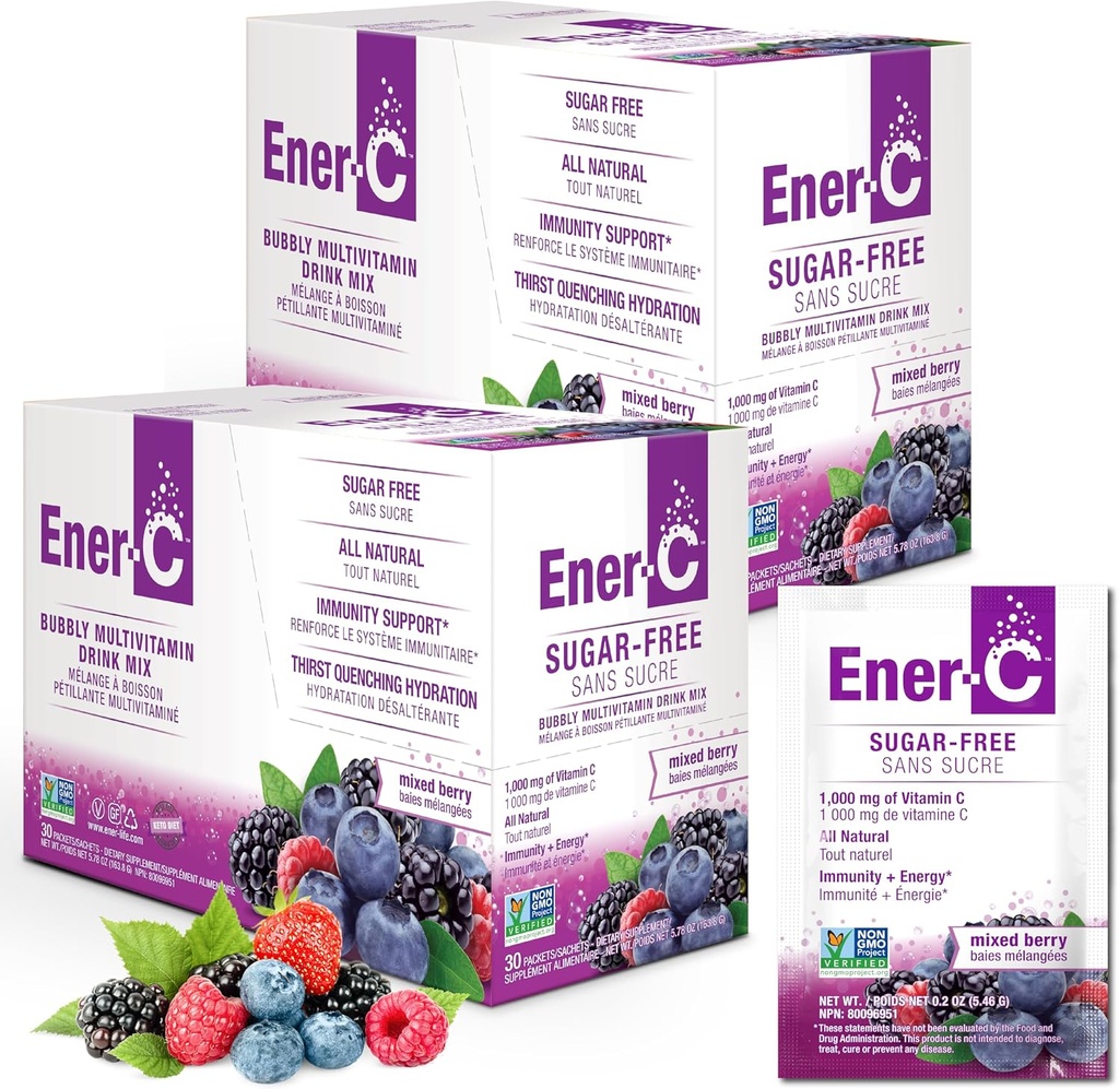 Ener-C 无糖多维他命饮料 混合饮料 - 水用维生素粉,无糖电解剂,液化靴包,零糖,维生素C & B12 补充液态混合物 - 混合莓,60 count