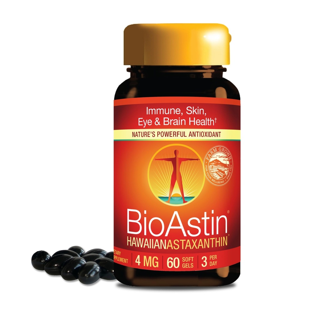 Nutrex Hawaii BioAstin Hawaiian Astaxanthin - 4mg, 60 Softgels - Farm-Direct Premium 抗氧化剂补充剂 支持眼,皮肤,联合和免疫系统健康 - 非GMO和无胶体