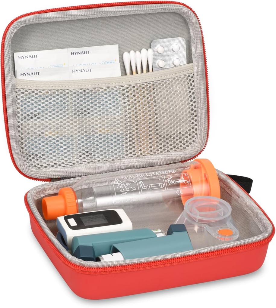 Asthma Inhaler和附着物的硬旅行箱,配有Mesh Pocket for Medicine, Red
