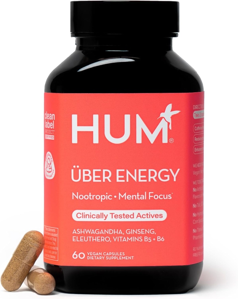 HUM Uber 能量肾上腺能量支持补编,配有 Ashwagandha Root, Ginseng, B 维生素, 维生素 B6, B5, 和适应原体, 肾上腺脂肪酸支持补编, 60 Vegan Capsules