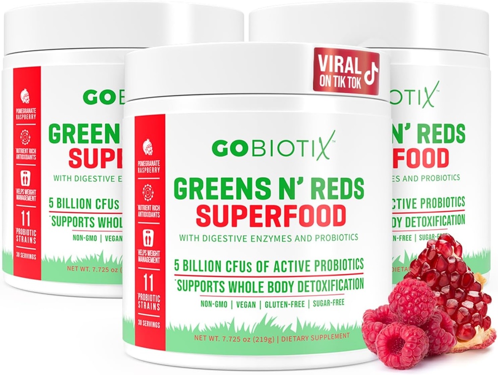 GOBIOTIX 超级绿与红粉 - 红与绿色超级食品 - 亲生补充 - 消化酶和甜菜根粉 - 有机全食补充(Pom Raspberry, 3 Pack)