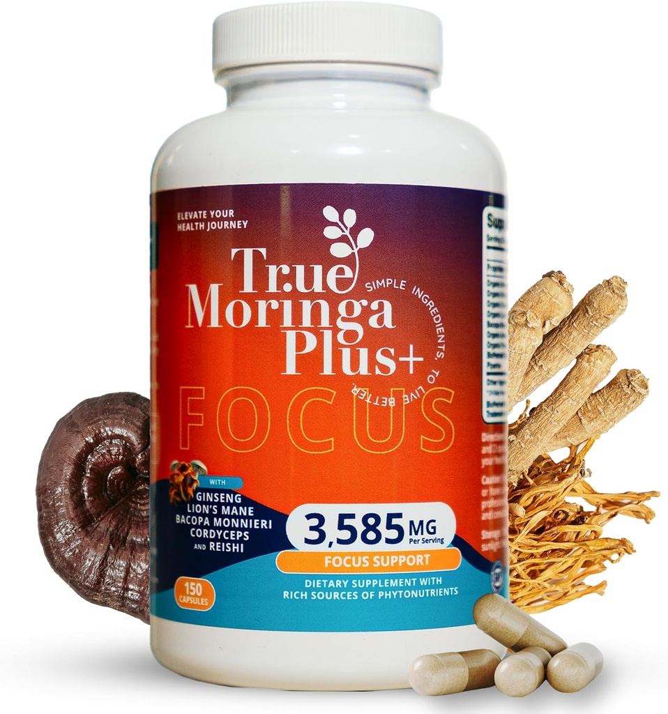 True Moringa Plus+ Focus Support 补充 10:1 摘录 有机莫林加,雷希,科迪塞普斯,狮子的马内,阿斯瓦甘达,巴科帕 Monnieri 成人记忆和脑健康(150卡普勒斯)