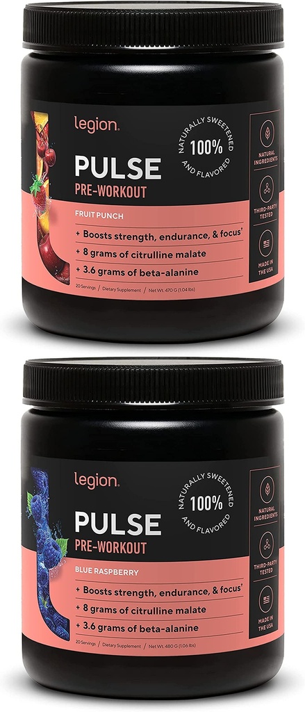 LEGION Pulse Pre Workout 补充 - 所有天然氮氧化物预研饮给布尔斯特能源,Creatine自由,自然甜化,Beta Alanine,Citrulline,Alpha GPC(Fruit Punch & Blue Raspberry)