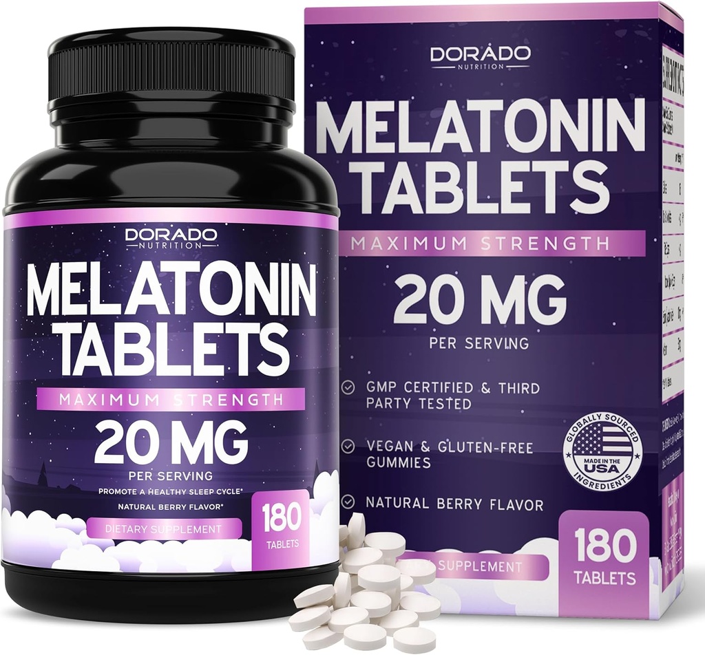 Melatonin 20 mg 成人牌匾(180 count) - 用20 mg 的Melatonin per 牌匾快速溶解 - 高潜质,无胶质,非GMO,Vegan - 混合Berry Flavor - 散装供应 - 美国制造