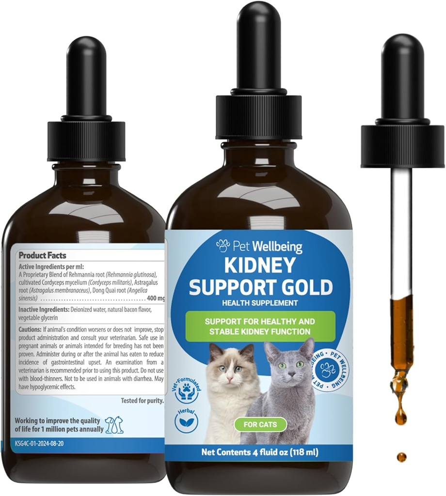 Petwelling Kidney Support Gold for Cats - 支持健康肾功能,流体平衡,能量水平,雷曼尼亚,东奎 - 兽医-配药草药补充剂 4 oz (118 ml)