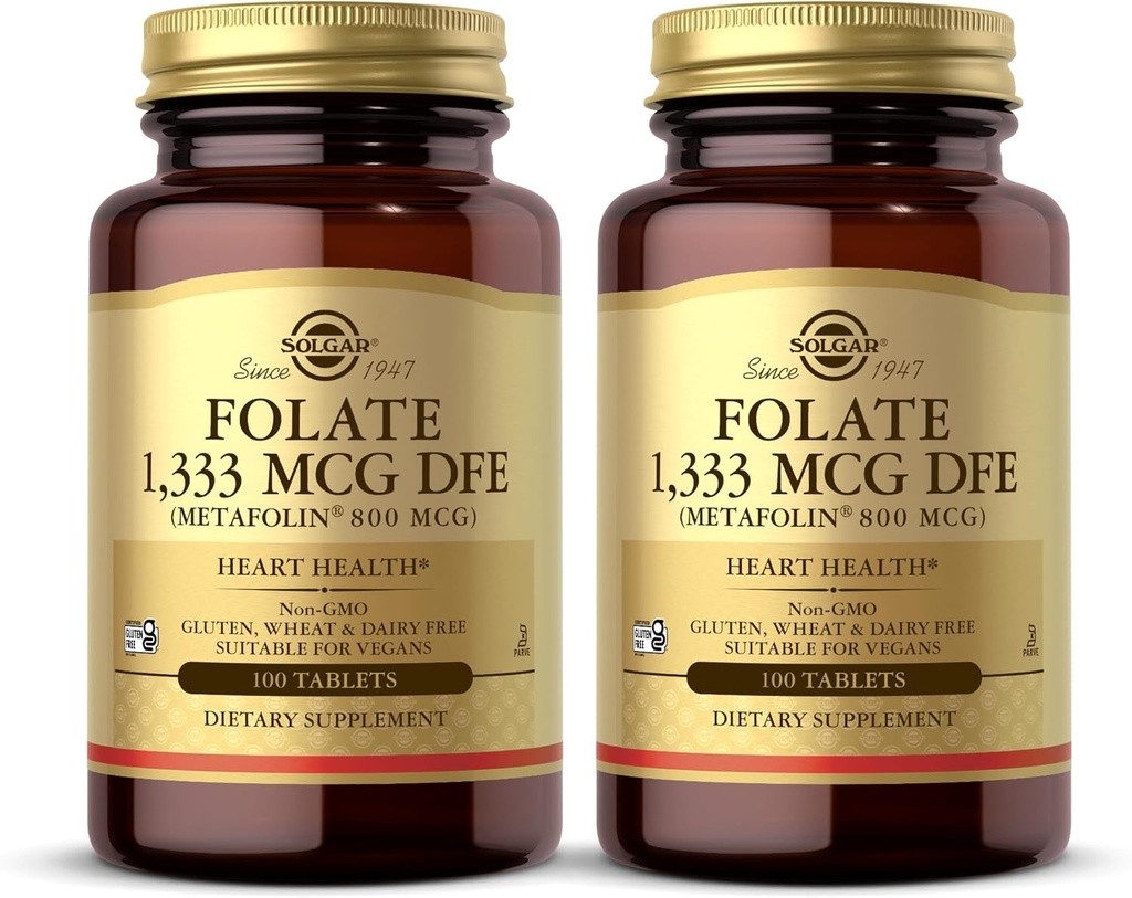 Solgar Folate 1 333 mcg DFE (Metafolin 800 mcg) - 100块药片,包装2 - 产前维生素 - 非GMO,Gluten Free,乳品免费,Kosher - 200 总服务量