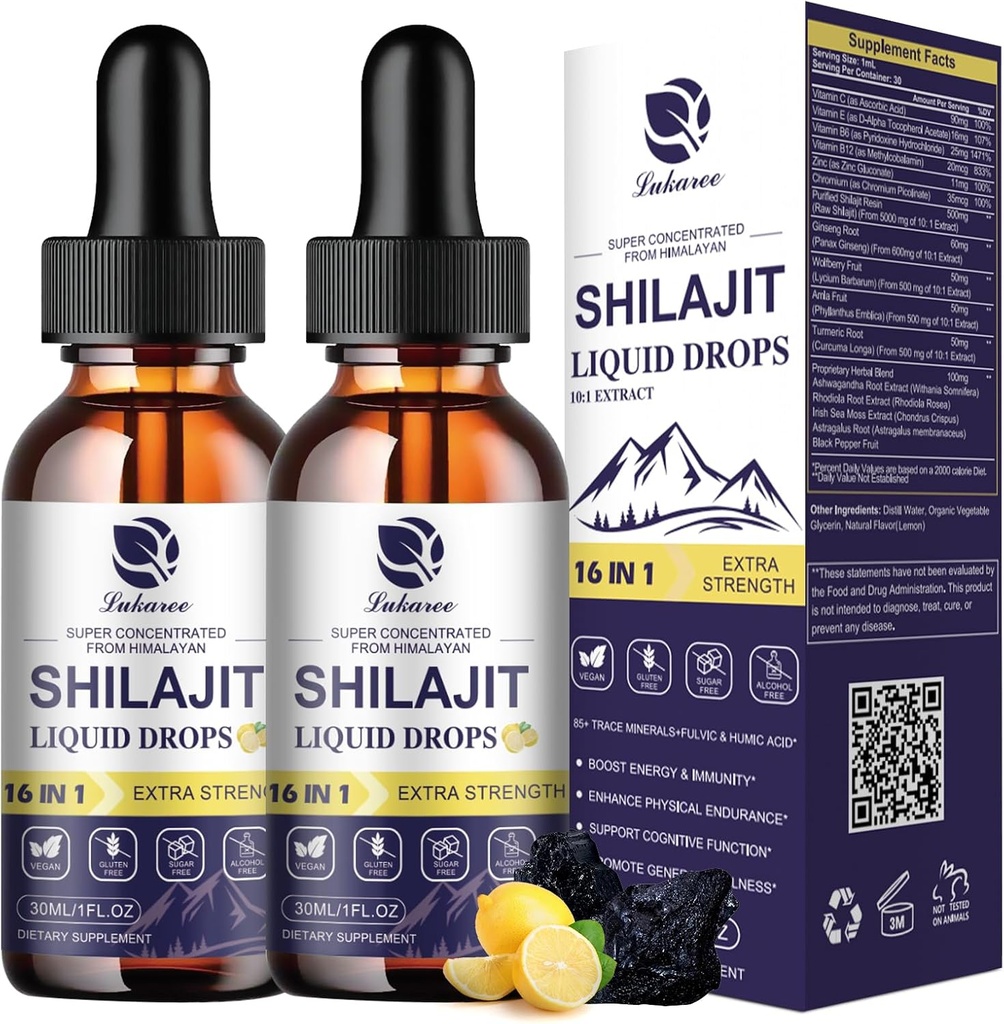 (2包) Shilajit for Men & Women, 16-in-1 Liquid Shilajit Drops, Trace Minerals, Ginseng, Turmeric, Ashwagandha, Imune Support, Energy Boost & United Health, 2 FL. Oz, 2 FL.