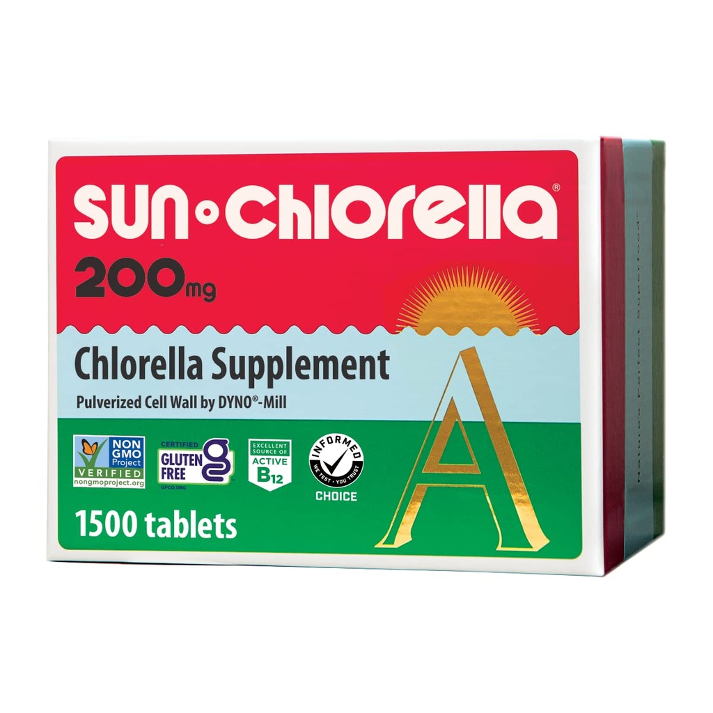 Sun Chlorella 200 mg Green Algae Superfood Supplement - Pulverized Cell wall - Chlorophyll, CGF, Active B12, Iron, 蛋白质 - 非GMO - 1500 平板电脑