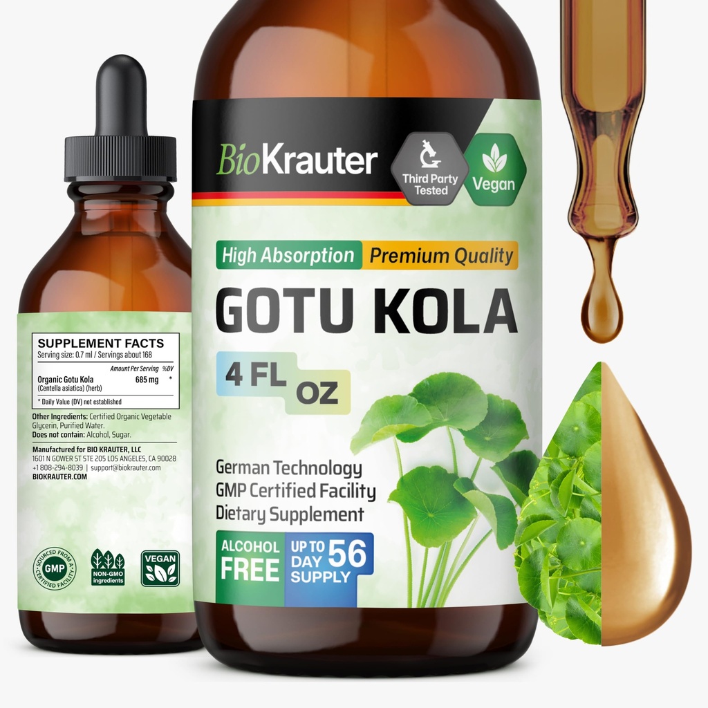 BIO KRAUTER Gotu Kola Tincture - Centella Asiatica 提取 - 无酒精和糖 Gotu Kola 提取 - Vegan Drops 4 Fl.Oz.
