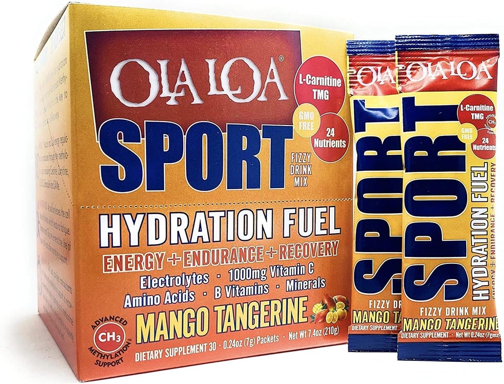 Ola Loa Sport Mango Tangerine 全自然水分运动 饮用混合体 - 能量,氨基酸,电解质,维生素C,维生素B,Gluten Free, Vegan - 喝你的维生素 - 30 Packets (7.4oz)