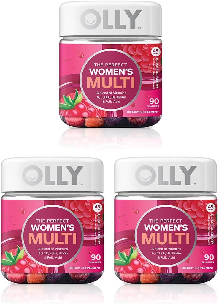 Olly Perfect Women's Multivitamin Gummy Supplement,配有Biotin & Folic Acid,Blisful Berry, 90 计数(45天供应), 3 Pack