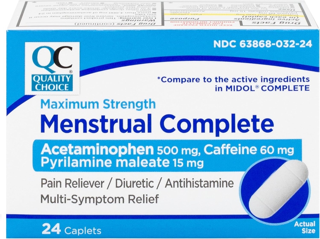质量选择 月经 完整 最大强度 期疼痛 缓解500毫克 Acetaminophen, 60毫克 Cafeine, 15毫克 Pyrilamine Maleate, Cramps, Bloating, Headache. 24 计数.