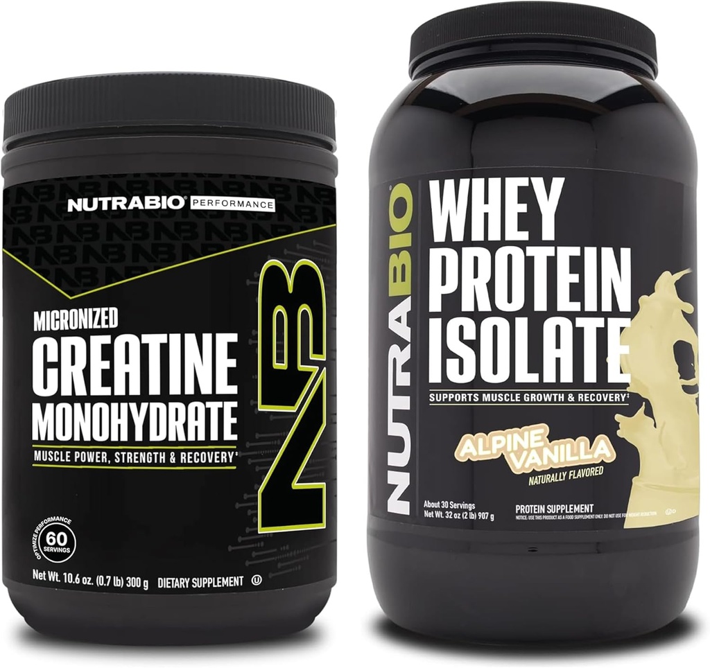NutraBio Creatine 单水合物,无氟酸,300g和Whey蛋白酸盐,Alpine Vanilla, 补充包-肌肉能源,Lean肌肉生长、恢复和强力