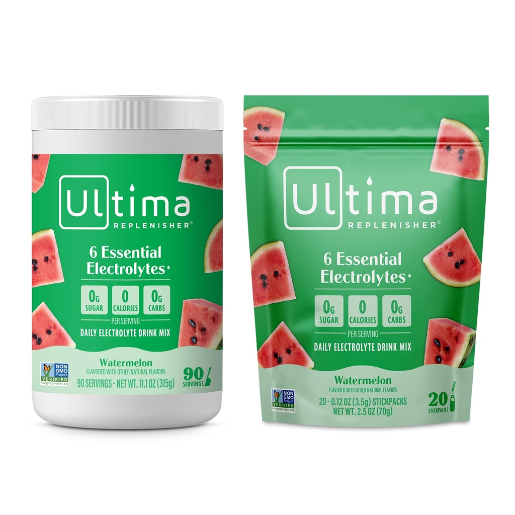 Ultima Replenisher Electrolyte Powder Drink Mix Bundle – Sugar Free – Watermelon, 90 Serving Canister and 20 Stickpacks – 6 Electrolytes and Minerals – Keto Friendly, Vegan, Non-GMO