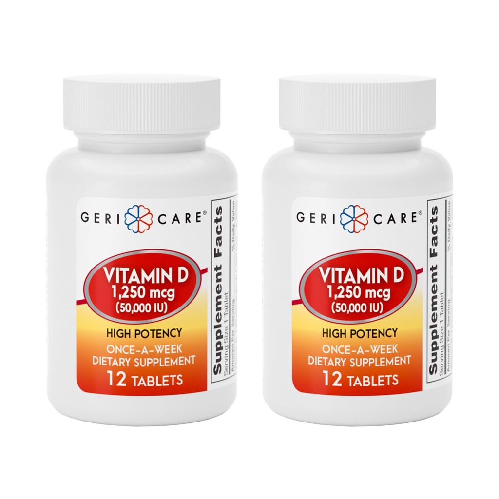 老年护理维生素D 1,250mcg(50,000 IU) 高概率,支持骨密度,肌肉健康,免疫功能,和钙吸收,一次A-周饮食补充,12 Counter (Pack of 2)