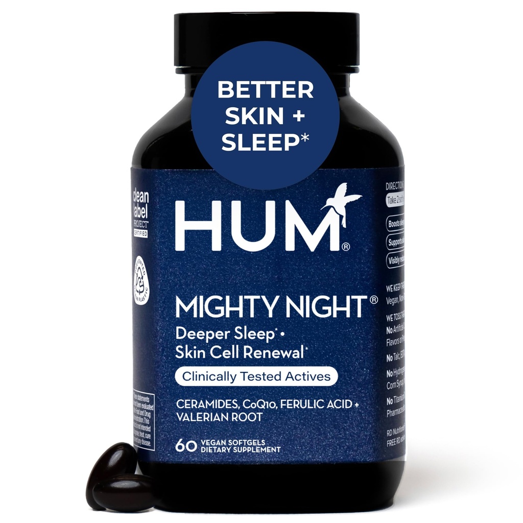 HUM 巨型夜间睡眠补充剂,用于皮肤护理,CoQ10, Valerian Root & Ferulic Acid 支持细胞翻转,为男女提供皮肤维生素,过夜美人维生素,60 Vegan软胶