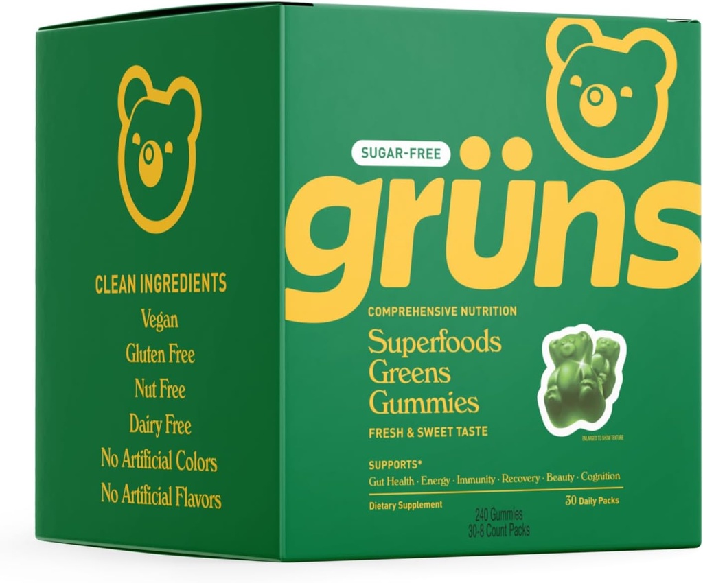 Gruns 免糖超绿色 Gummy Bears - 有机螺旋藻和氯菌,消化健康预生,20+维生素和矿物,适配体 - 30 scheats - 240 Gummys