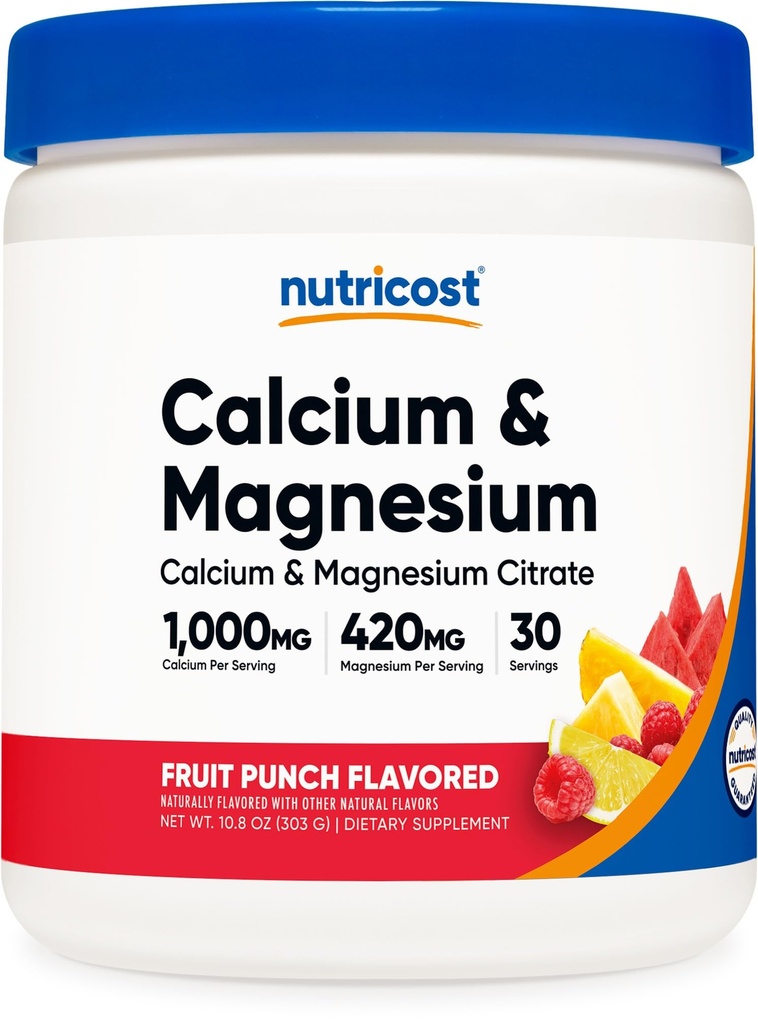 营养成本 镁粉(Fruit Punch, 30 services) - Bone Support, 非GMO, Gluten Free(来自Calcium Citrate和Magnesium Citrate)