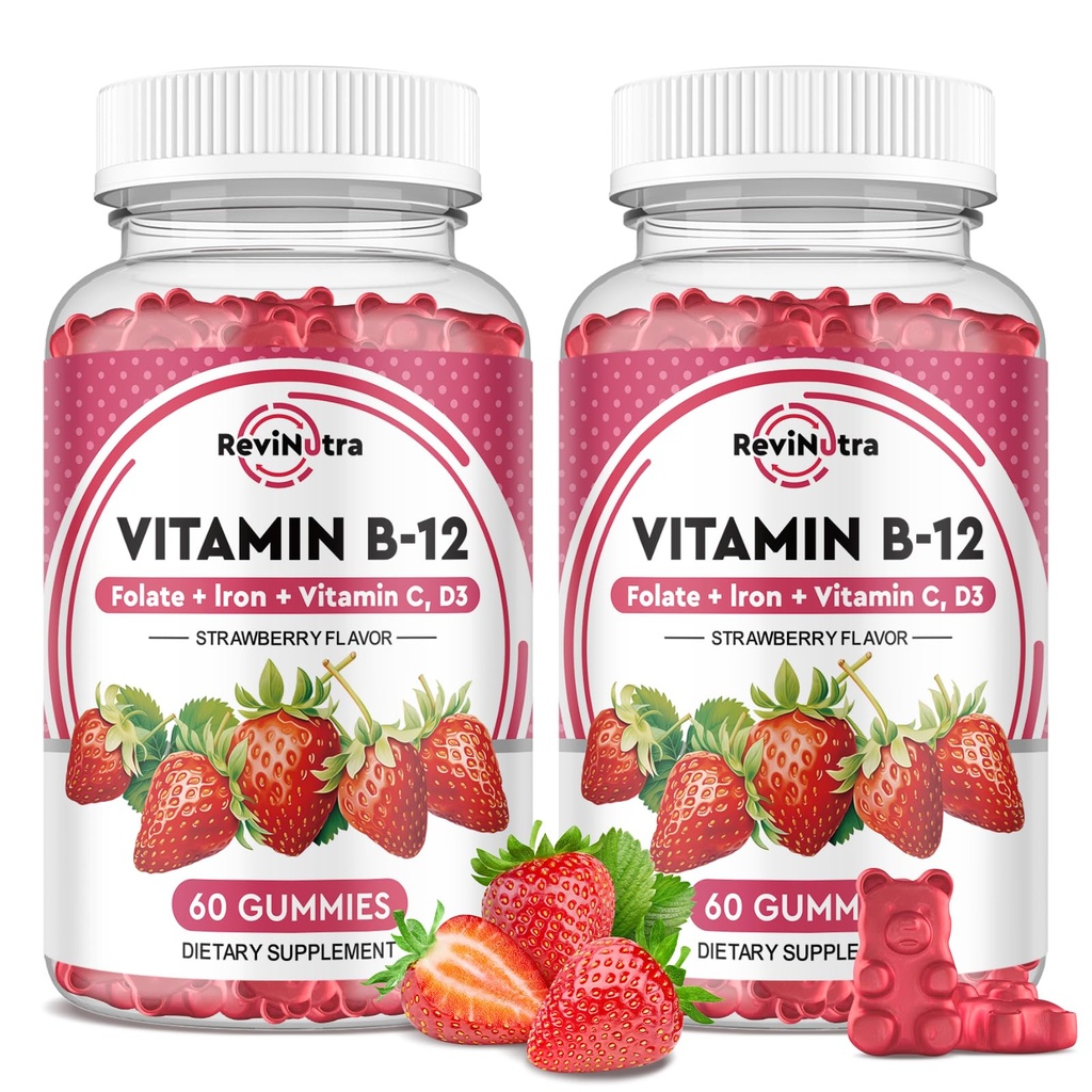 维生素B12 复合蛋白 - 5000 mcg 甲基Cobalamin with Iron, Vitamin C, D3 & Folate, 能源支持和代谢, Imune, B-12 男女可烹调补充剂,草莓Flavor, 2 Pack